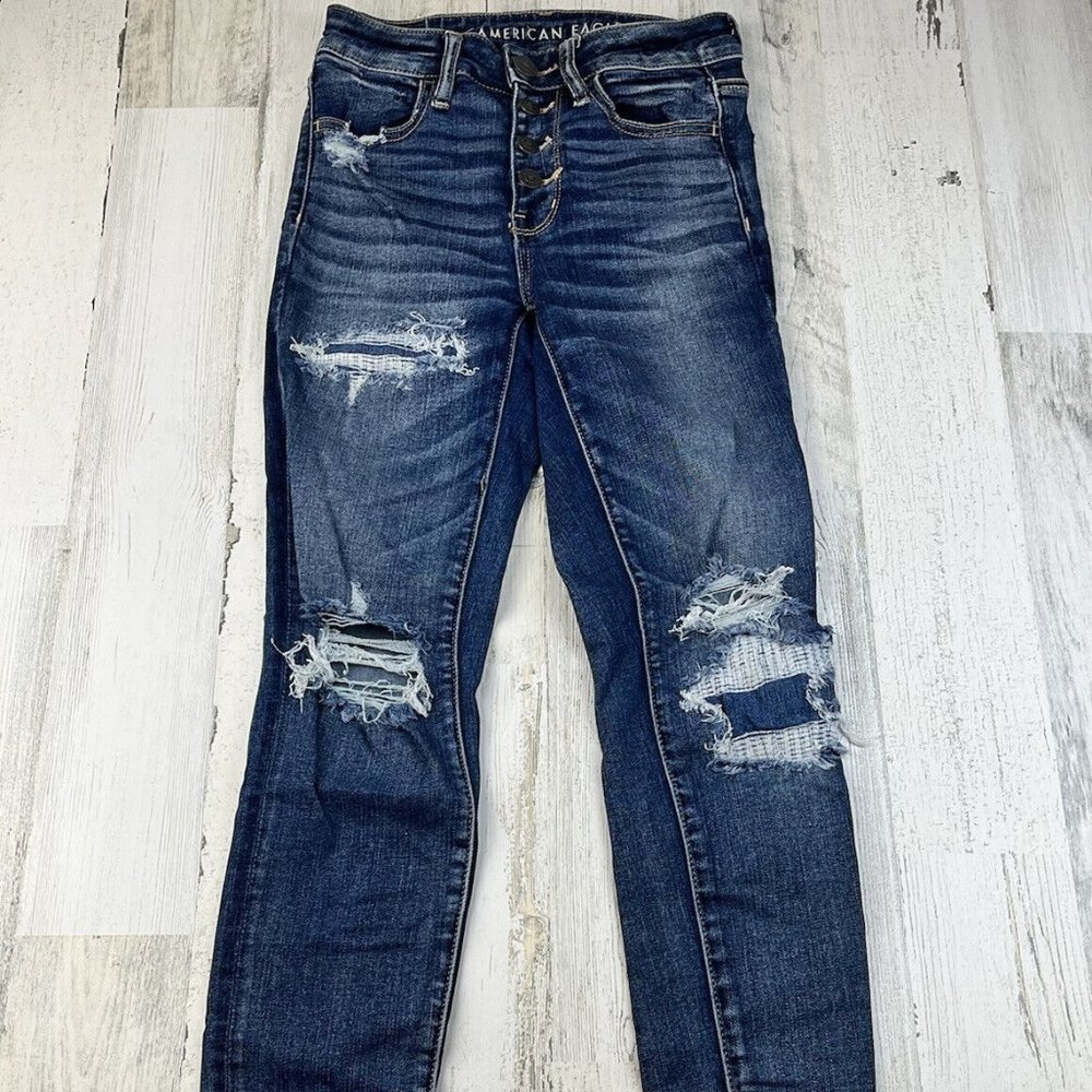 American Eagle Super Stretch High Rise Jegings Size 2 Blue Skinny Distressed